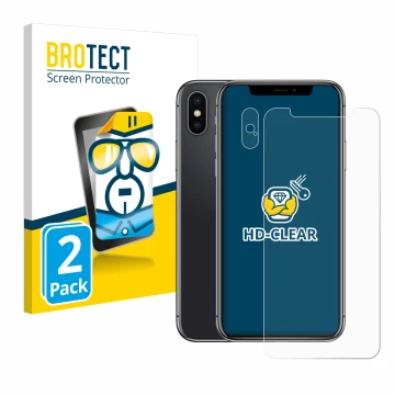 Vorderseite einer Produktverpackung mit dem Markenlogo BROTECT. Daneben ist das Gerät Apple iPhone X (Display+Kamera) mit dem 