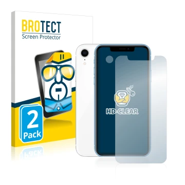 Vorderseite einer Produktverpackung mit dem Markenlogo BROTECT. Daneben ist das Gerät Apple iPhone XR (Display+Kamera) mit dem