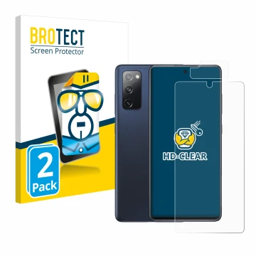 Vorderseite einer Produktverpackung mit dem Markenlogo BROTECT. Daneben ist das Gerät Samsung Galaxy S20 FE 5G (Display+Kamera