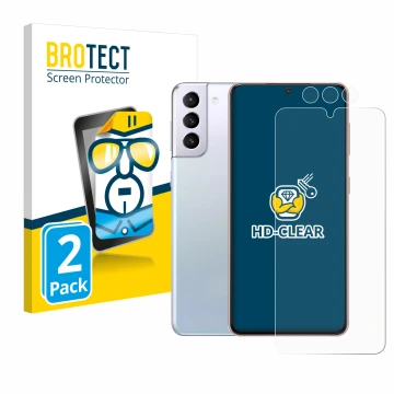 Vorderseite einer Produktverpackung mit dem Markenlogo BROTECT. Daneben ist das Gerät Samsung Galaxy S21 (Display+Kamera) mit 