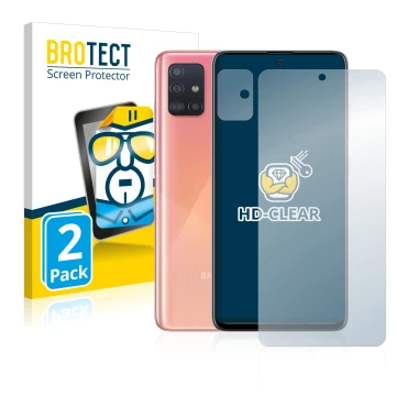Vorderseite einer Produktverpackung mit dem Markenlogo BROTECT. Daneben ist das Gerät Samsung Galaxy A51 (Display+Kamera) mit 