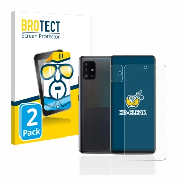 Vorderseite einer Produktverpackung mit dem Markenlogo BROTECT. Daneben ist das Gerät Samsung Galaxy A51 5G (Display+Kamera) m