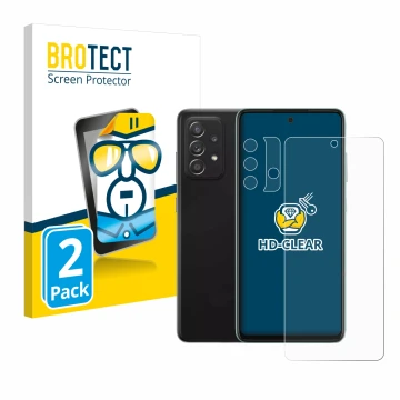 Vorderseite einer Produktverpackung mit dem Markenlogo BROTECT. Daneben ist das Gerät Samsung Galaxy A52 (Display+Kamera) mit 