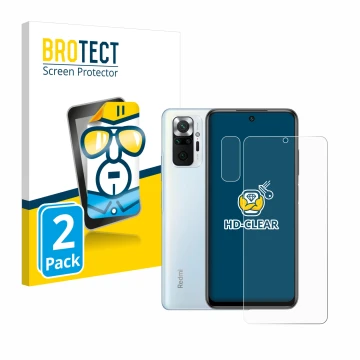 Vorderseite einer Produktverpackung mit dem Markenlogo BROTECT. Daneben ist das Gerät Xiaomi Redmi Note 10 Pro (Display+Kamera