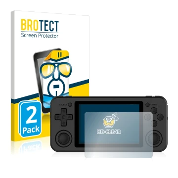 Vorderseite einer Produktverpackung mit dem Markenlogo BROTECT. Daneben ist das Gerät Anbernic RG351P mit dem zugehörigen Disp