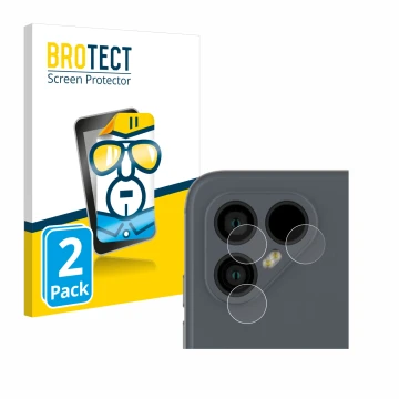 Vorderseite einer Produktverpackung mit dem Markenlogo BROTECT. Daneben ist das Gerät Fairphone 4 (NUR Kameraschutz) mit dem z