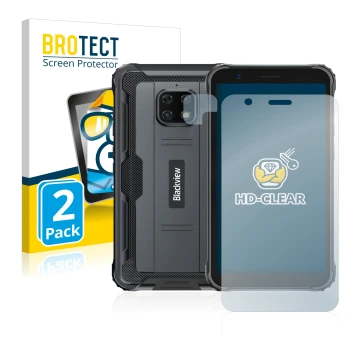 Vorderseite einer Produktverpackung mit dem Markenlogo BROTECT. Daneben ist das Gerät Blackview BV4900S (Display+Kamera) mit d