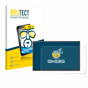 Vorderseite einer Produktverpackung mit dem Markenlogo BROTECT. Daneben ist das Gerät Amazon Echo Show 15 mit dem zugehörigen 