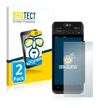 Vorderseite einer Produktverpackung mit dem Markenlogo BROTECT. Daneben ist das Gerät ingenico Apos A8 mit dem zugehörigen Dis