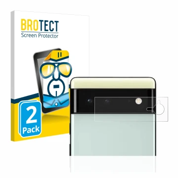 Vorderseite einer Produktverpackung mit dem Markenlogo BROTECT. Daneben ist das Gerät Google Pixel 6 (NUR Kameraschutz) mit de