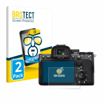 Vorderseite einer Produktverpackung mit dem Markenlogo BROTECT. Daneben ist das Gerät Sony Alpha 7 IV mit dem zugehörigen Disp