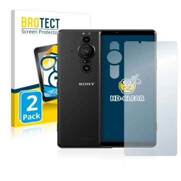 Vorderseite einer Produktverpackung mit dem Markenlogo BROTECT. Daneben ist das Gerät Sony Xperia Pro-I (Display+Kamera) mit d