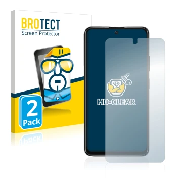 Vorderseite einer Produktverpackung mit dem Markenlogo BROTECT. Daneben ist das Gerät Xiaomi Poco M4 Pro 5G mit dem zugehörige
