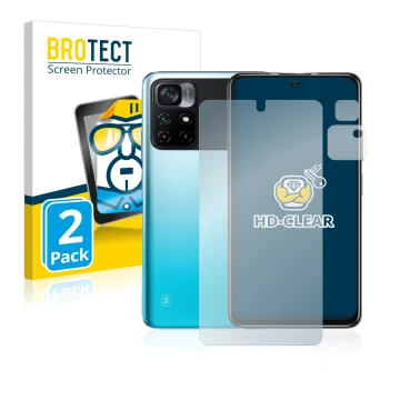 Vorderseite einer Produktverpackung mit dem Markenlogo BROTECT. Daneben ist das Gerät Xiaomi Poco M4 Pro 5G (Display+Kamera) m