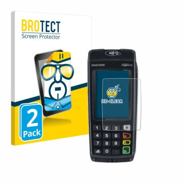 Vorderseite einer Produktverpackung mit dem Markenlogo BROTECT. Daneben ist das Gerät ingenico Desk/5000 mit dem zugehörigen D
