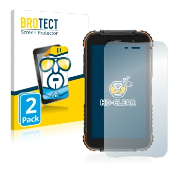 Vorderseite einer Produktverpackung mit dem Markenlogo BROTECT. Daneben ist das Gerät Doogee S35T mit dem zugehörigen Displays