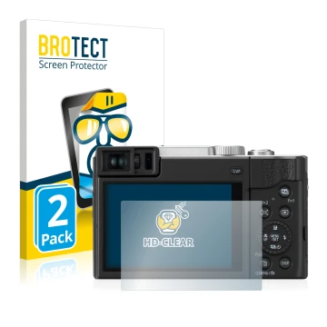 Vorderseite einer Produktverpackung mit dem Markenlogo BROTECT. Daneben ist das Gerät Panasonic Lumix DC-TZ95 mit dem zugehöri