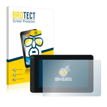 Vorderseite einer Produktverpackung mit dem Markenlogo BROTECT. Daneben ist das Gerät Huion Kamvas 12 mit dem zugehörigen Disp