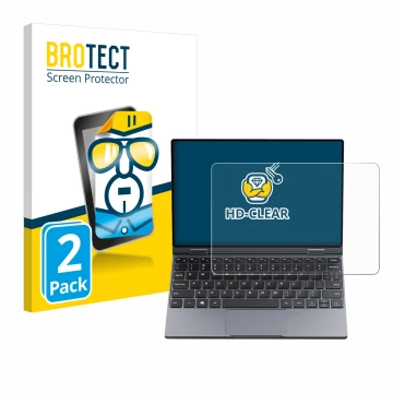 Vorderseite einer Produktverpackung mit dem Markenlogo BROTECT. Daneben ist das Gerät Chuwi MiniBook X mit dem zugehörigen Dis