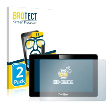Vorderseite einer Produktverpackung mit dem Markenlogo BROTECT. Daneben ist das Gerät Portkeys BM5 WR mit dem zugehörigen Disp