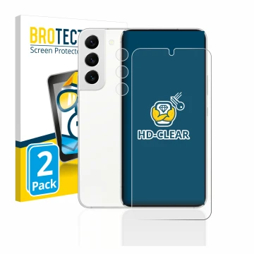 Vorderseite einer Produktverpackung mit dem Markenlogo BROTECT. Daneben ist das Gerät Samsung Galaxy S22 5G (Display+Kamera) m