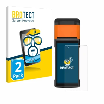 Vorderseite einer Produktverpackung mit dem Markenlogo BROTECT. Daneben ist das Gerät Sunmi V2s mit dem zugehörigen Displaysch