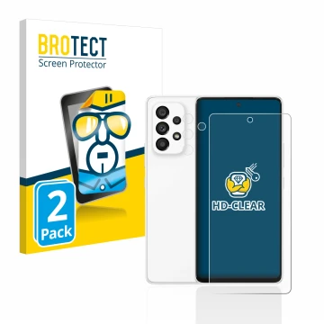 Vorderseite einer Produktverpackung mit dem Markenlogo BROTECT. Daneben ist das Gerät Samsung Galaxy A53 5G (Display+Kamera) m