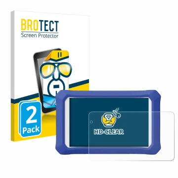 Vorderseite einer Produktverpackung mit dem Markenlogo BROTECT. Daneben ist das Gerät Clementoni Clempad X Revolution mit dem 