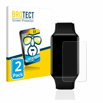Vorderseite einer Produktverpackung mit dem Markenlogo BROTECT. Daneben ist das Gerät Oppo Watch Free mit dem zugehörigen Disp