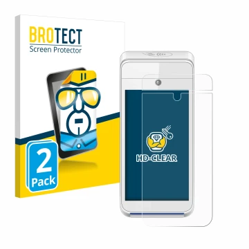 Vorderseite einer Produktverpackung mit dem Markenlogo BROTECT. Daneben ist das Gerät Pax A920 mit dem zugehörigen Displayschu