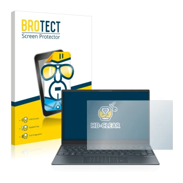 Vorderseite einer Produktverpackung mit dem Markenlogo BROTECT. Daneben ist das Gerät ASUS ZenBook 13 OLED mit dem zugehörigen