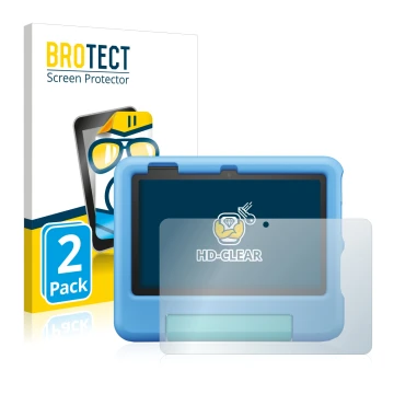 Vorderseite einer Produktverpackung mit dem Markenlogo BROTECT. Daneben ist das Gerät Amazon Fire 7 Kids 2022 mit dem zugehöri