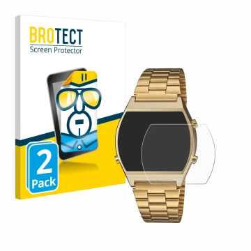 Vorderseite einer Produktverpackung mit dem Markenlogo BROTECT. Daneben ist das Gerät Casio Retro B640WB mit dem zugehörigen D