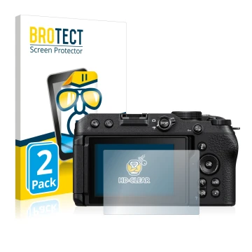 Vorderseite einer Produktverpackung mit dem Markenlogo BROTECT. Daneben ist das Gerät Nikon Z 30 mit dem zugehörigen Displaysc