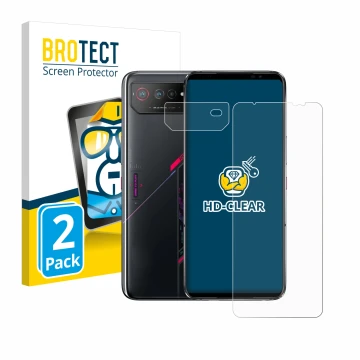 Vorderseite einer Produktverpackung mit dem Markenlogo BROTECT. Daneben ist das Gerät ASUS ROG Phone 6 (Display+Kamera) mit de