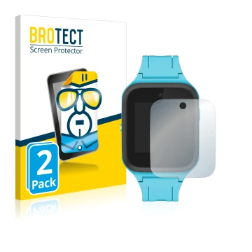 Vorderseite einer Produktverpackung mit dem Markenlogo BROTECT. Daneben ist das Gerät TCL Movetime Family Watch MT40 mit dem z