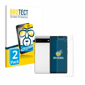 Vorderseite einer Produktverpackung mit dem Markenlogo BROTECT. Daneben ist das Gerät Google Pixel 6a (Display+Kamera) mit dem