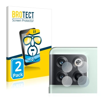 Vorderseite einer Produktverpackung mit dem Markenlogo BROTECT. Daneben ist das Gerät OnePlus 10T 5G (NUR Kameraschutz) mit de