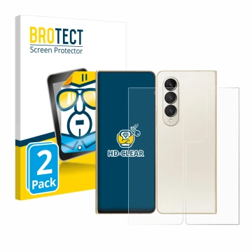 Vorderseite einer Produktverpackung mit dem Markenlogo BROTECT. Daneben ist das Gerät Samsung Galaxy Z Fold 4 (Display+Rücksei