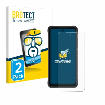 Vorderseite einer Produktverpackung mit dem Markenlogo BROTECT. Daneben ist das Gerät Umidigi Bison 2 mit dem zugehörigen Disp