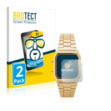 Vorderseite einer Produktverpackung mit dem Markenlogo BROTECT. Daneben ist das Gerät Casio AQ-230GA mit dem zugehörigen Displ