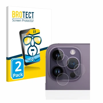 Vorderseite einer Produktverpackung mit dem Markenlogo BROTECT. Daneben ist das Gerät Apple iPhone 14 Pro (NUR Kameraschutz) m