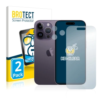 Vorderseite einer Produktverpackung mit dem Markenlogo BROTECT. Daneben ist das Gerät Apple iPhone 14 Pro (Display+Kamera) mit