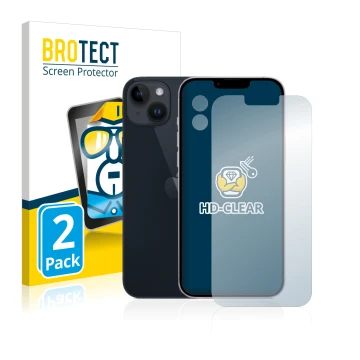 Vorderseite einer Produktverpackung mit dem Markenlogo BROTECT. Daneben ist das Gerät Apple iPhone 14 Plus (Display+Kamera) mi