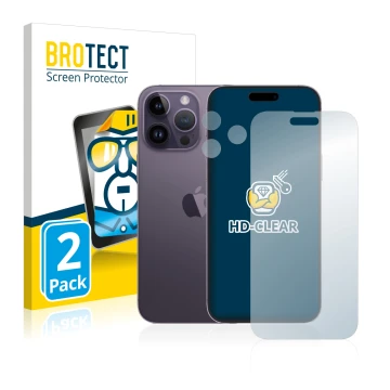 Vorderseite einer Produktverpackung mit dem Markenlogo BROTECT. Daneben ist das Gerät Apple iPhone 14 Pro Max (Display+Kamera)