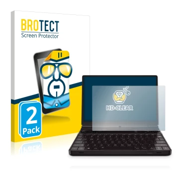 Vorderseite einer Produktverpackung mit dem Markenlogo BROTECT. Daneben ist das Gerät GPD Win Max 2 mit dem zugehörigen Displa