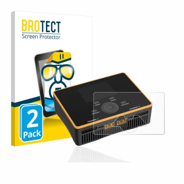 Vorderseite einer Produktverpackung mit dem Markenlogo BROTECT. Daneben ist das Gerät Junsi iCharger DX8 Duo mit dem zugehörig