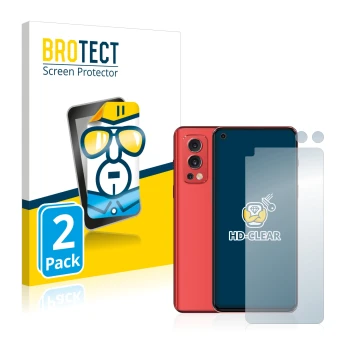 Vorderseite einer Produktverpackung mit dem Markenlogo BROTECT. Daneben ist das Gerät OnePlus Nord 2 5G (Display+Kamera) mit d