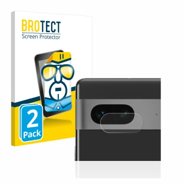 Vorderseite einer Produktverpackung mit dem Markenlogo BROTECT. Daneben ist das Gerät Google Pixel 7 (NUR Kameraschutz) mit de