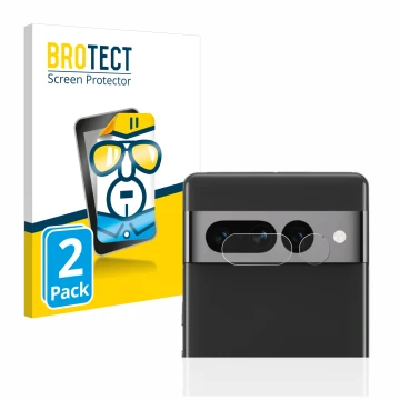 Vorderseite einer Produktverpackung mit dem Markenlogo BROTECT. Daneben ist das Gerät Google Pixel 7 Pro (NUR Kameraschutz) mi